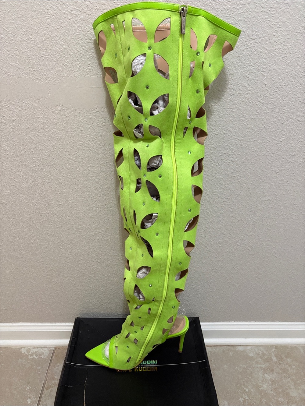 Neon Green Cutout Over-the-Knee Stiletto Boots